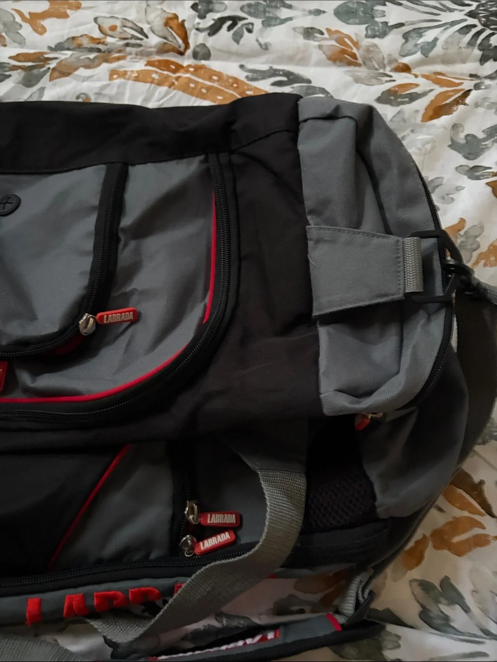 Men's Gray and Black Duffel Bag with Red Trim
